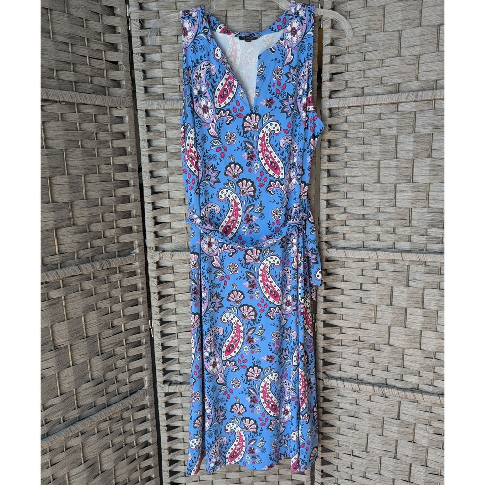 Talbots Midi Dress Blue Pink Paisley Floral Sleeveless‎ Belted Boho Stretch MP